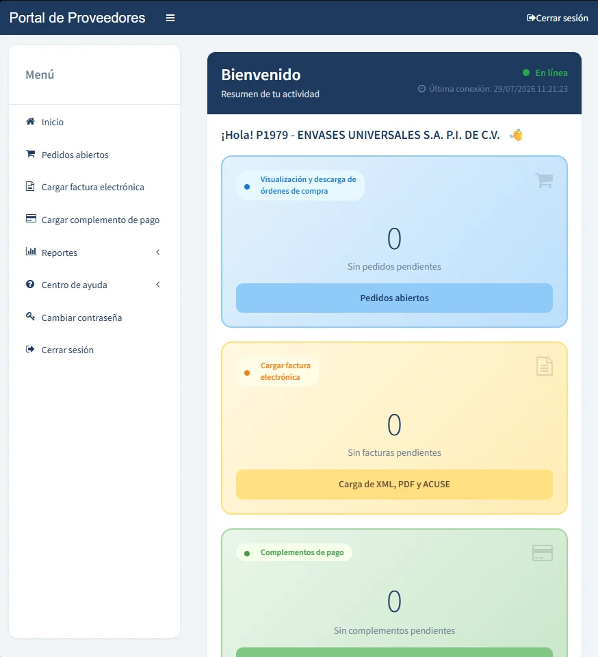 Pantalla de inicio del Portal de Proveedores: menú lateral con carga de factura electrónica y complementos de pago, y tarjetas de pendientes en cero.